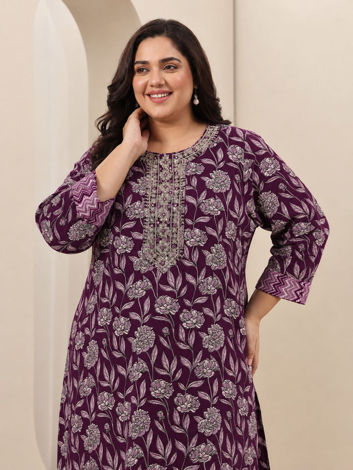Plus Size Burgundy Printed Cotton Blend Straight Suit Sets With Dupatta