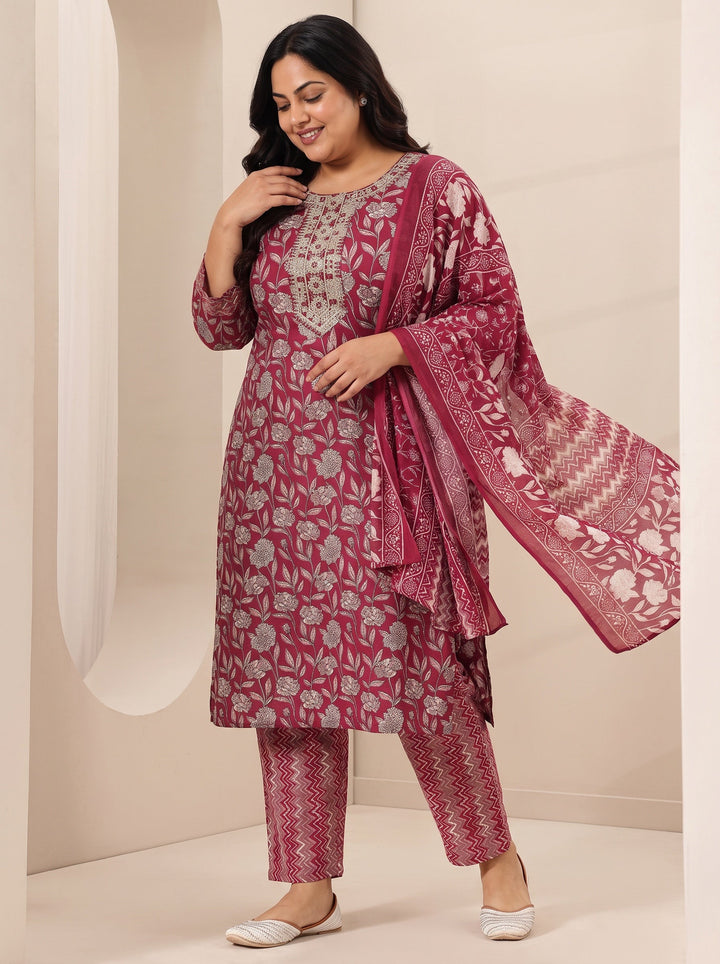 Plus Size Maroon Printed Cotton Blend Straight Suit Sets With Dupatta