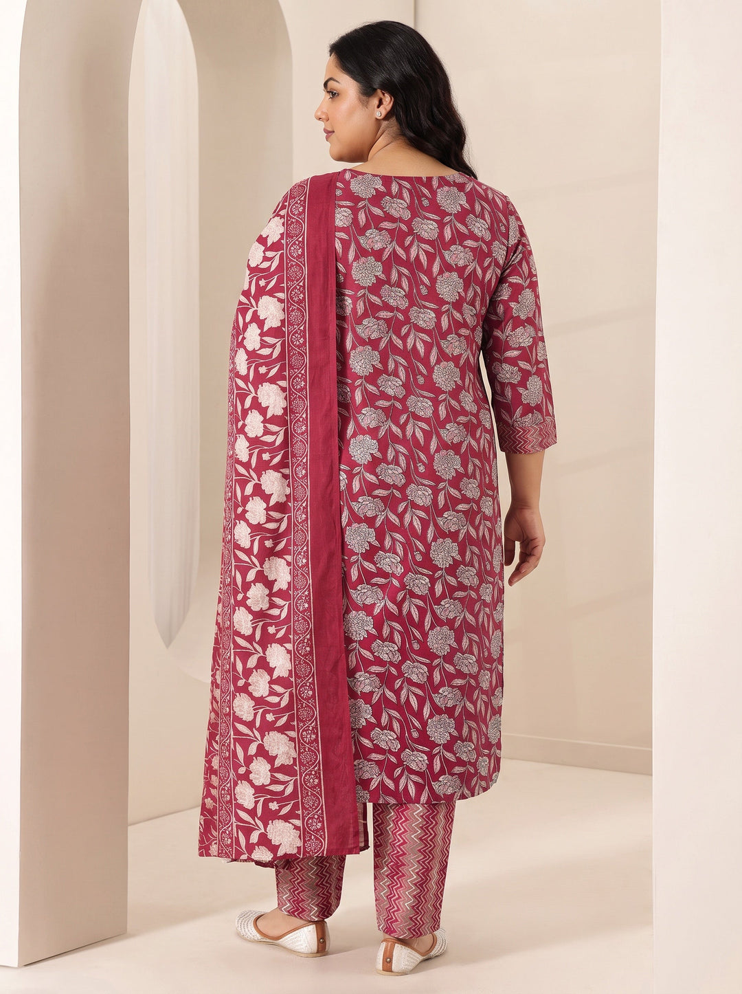 Plus Size Maroon Printed Cotton Blend Straight Suit Sets With Dupatta