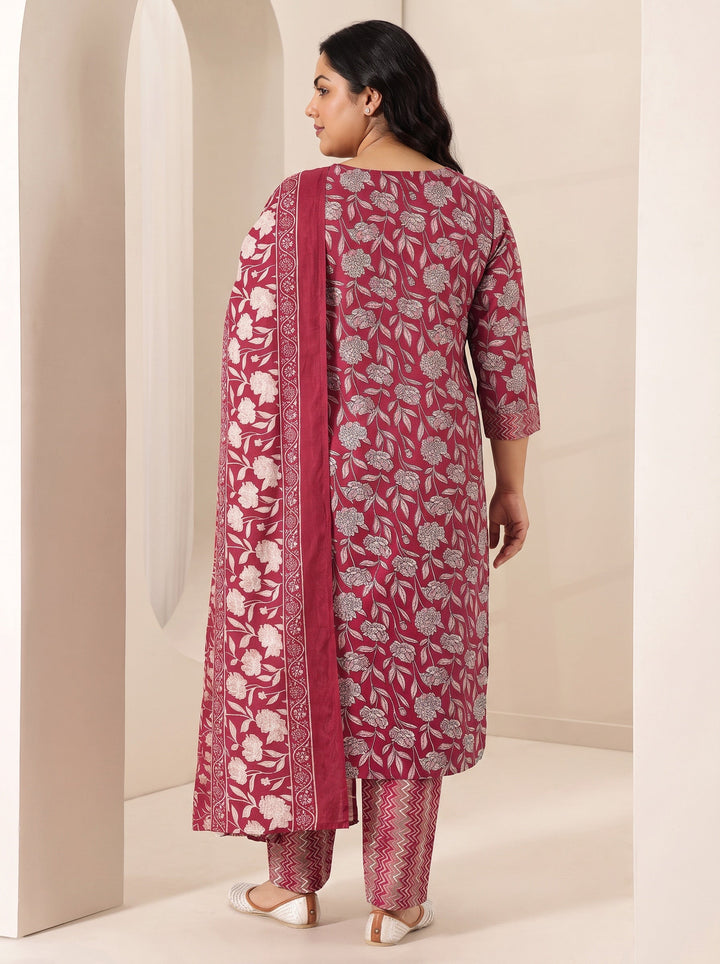 Plus Size Maroon Printed Cotton Blend Straight Suit Sets With Dupatta