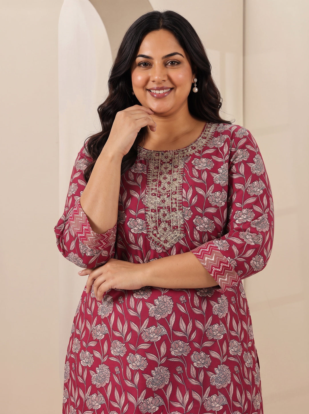Plus Size Maroon Printed Cotton Blend Straight Suit Sets With Dupatta