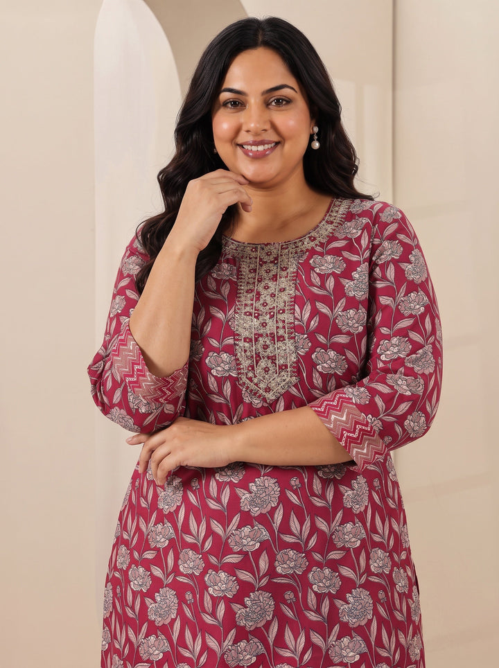 Plus Size Maroon Printed Cotton Blend Straight Suit Sets With Dupatta