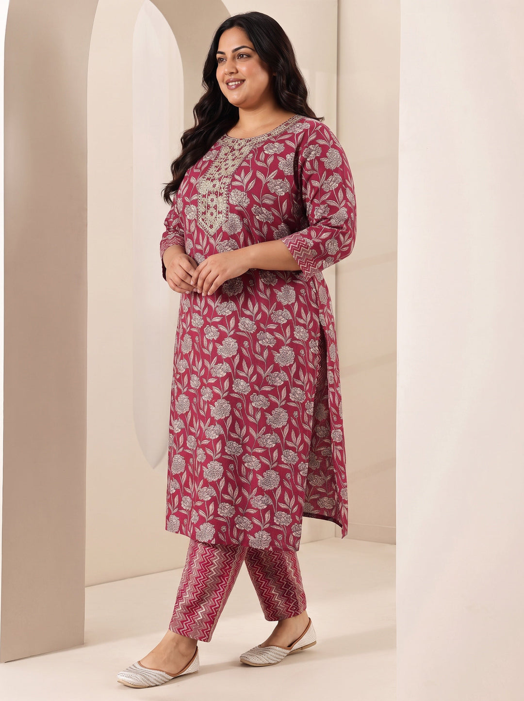 Plus Size Maroon Printed Cotton Blend Straight Suit Sets With Dupatta