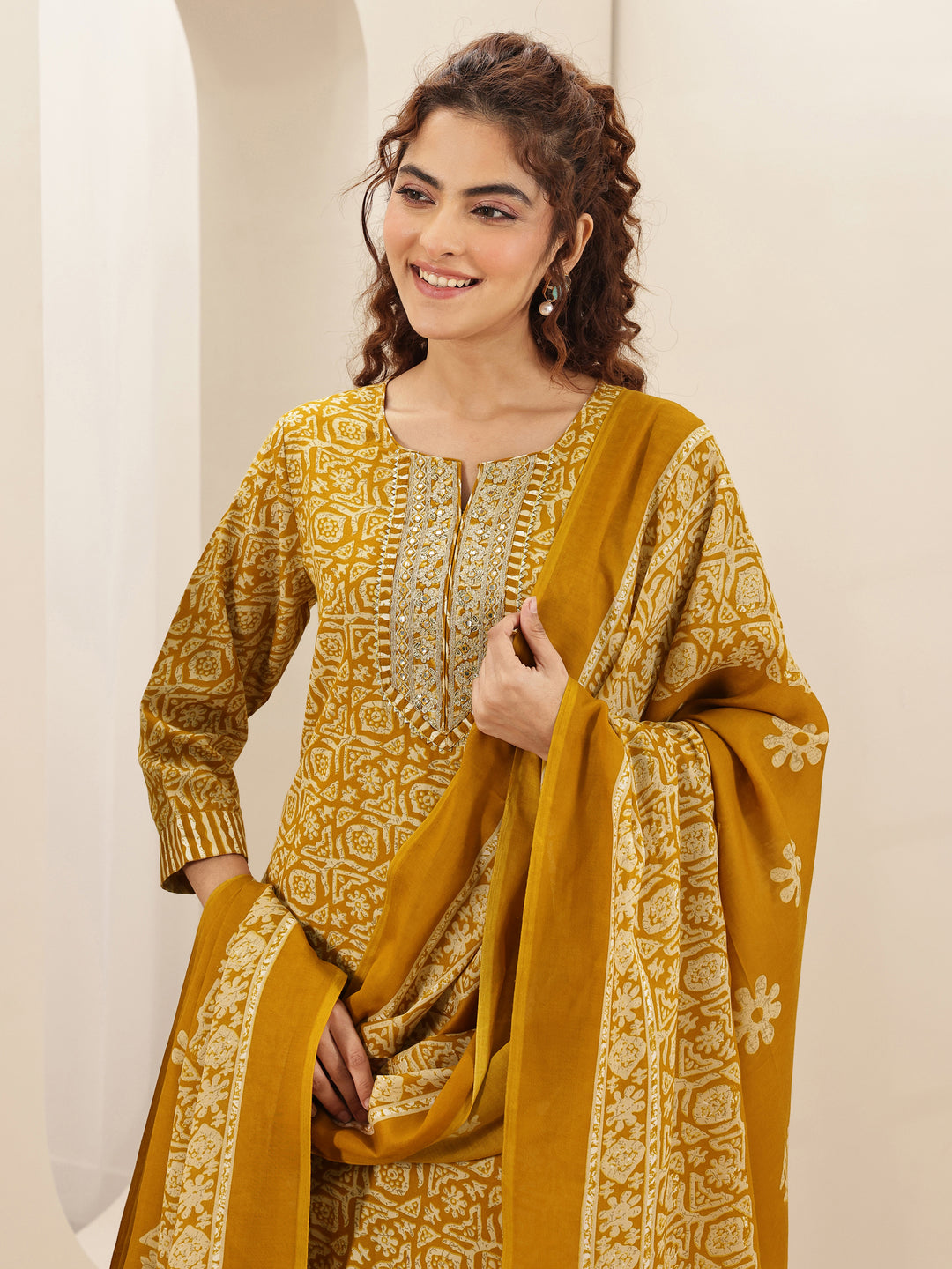 Mustard Printed Cotton Blend Straight Suit Sets With Dupatta