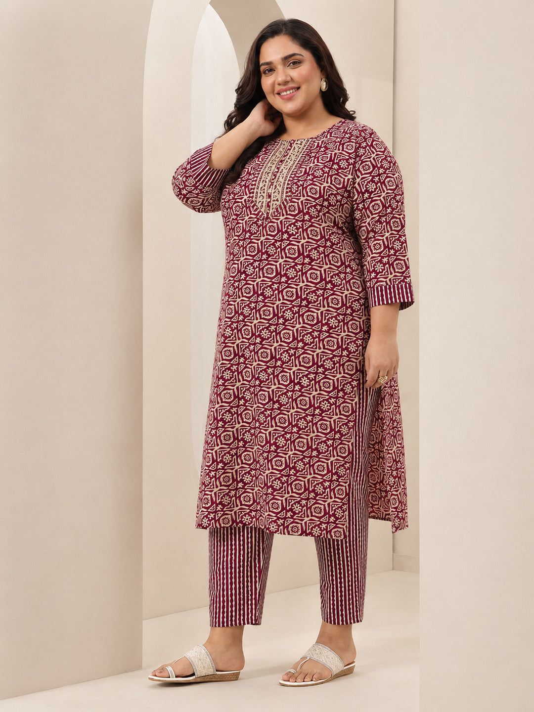 Plus Size Maroon Printed Cotton Blend Straight Suit Sets With Dupatta