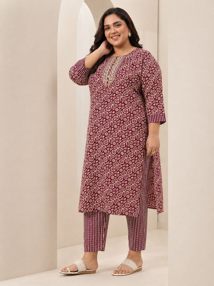 Plus Size Maroon Printed Cotton Blend Straight Suit Sets With Dupatta