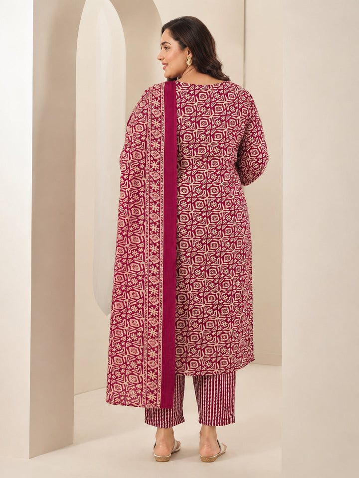 Plus Size Maroon Printed Cotton Blend Straight Suit Sets With Dupatta