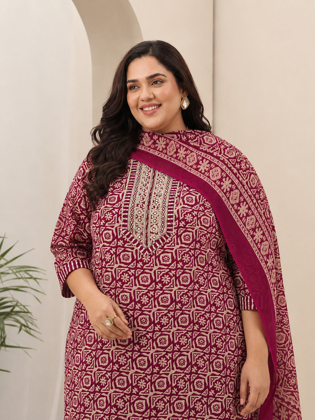 Plus Size Maroon Printed Cotton Blend Straight Suit Sets With Dupatta