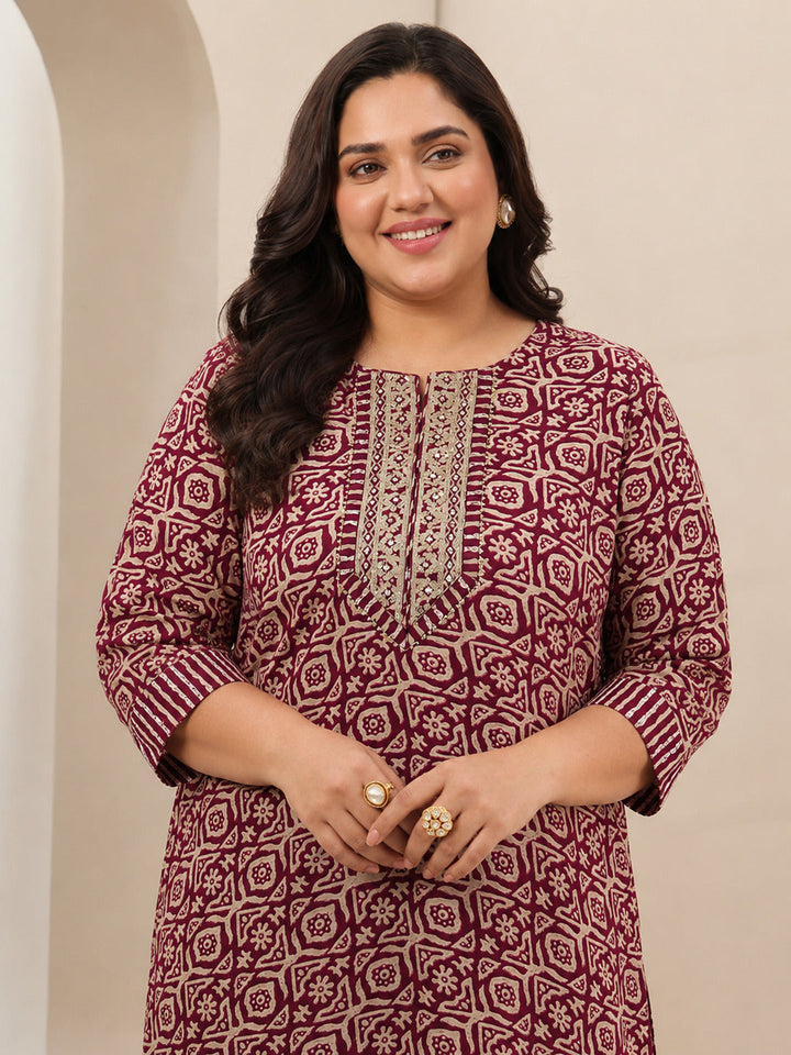 Plus Size Maroon Printed Cotton Blend Straight Suit Sets With Dupatta