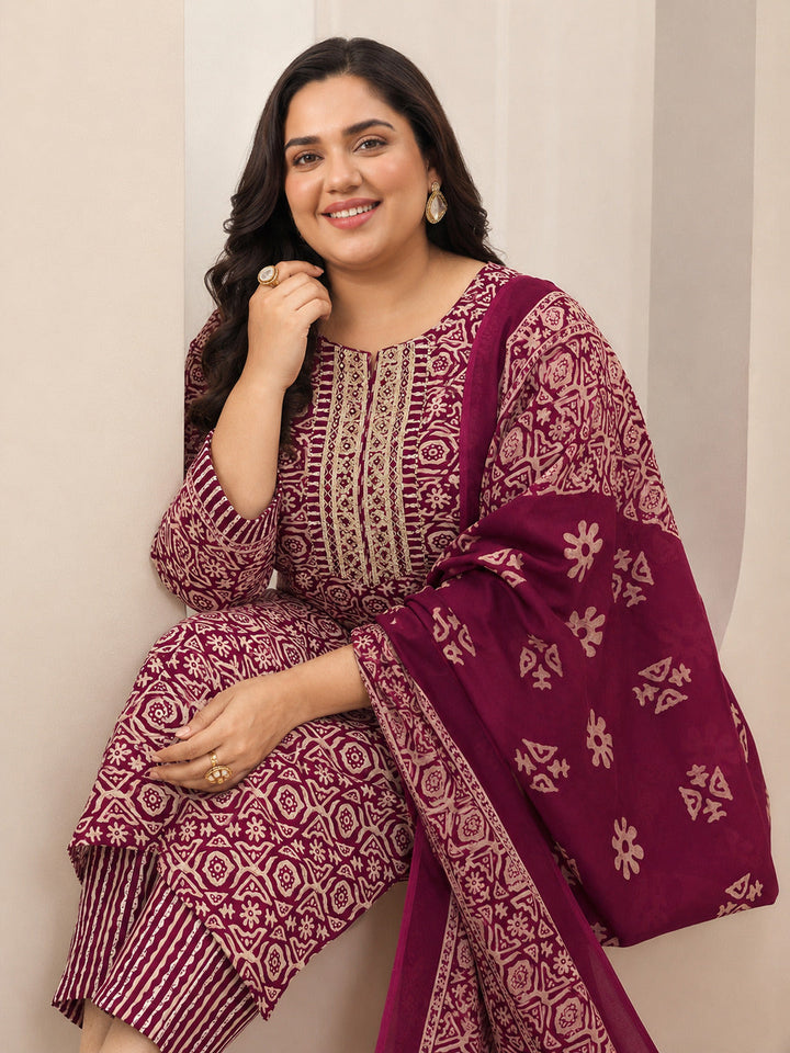 Plus Size Maroon Printed Cotton Blend Straight Suit Sets With Dupatta