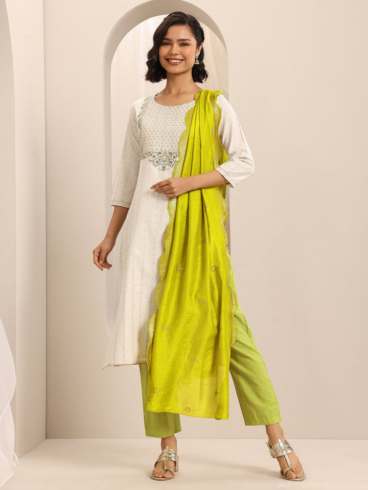 White Woven Cotton Blend Straight Suit Set With Dupatta