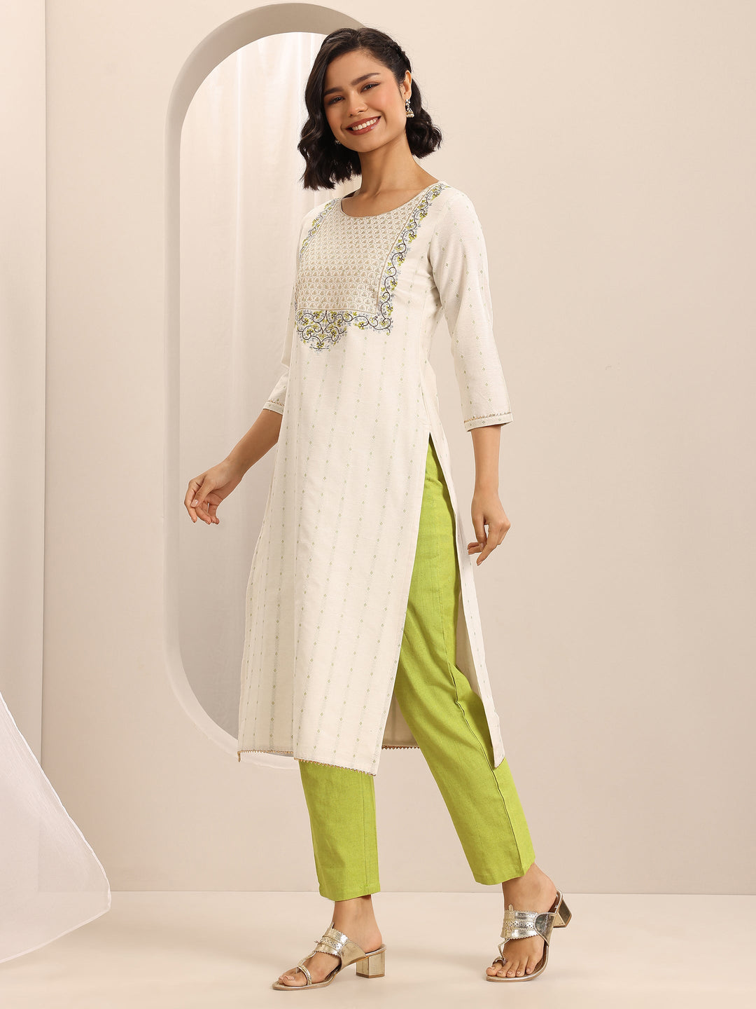White Woven Cotton Blend Straight Suit Set With Dupatta