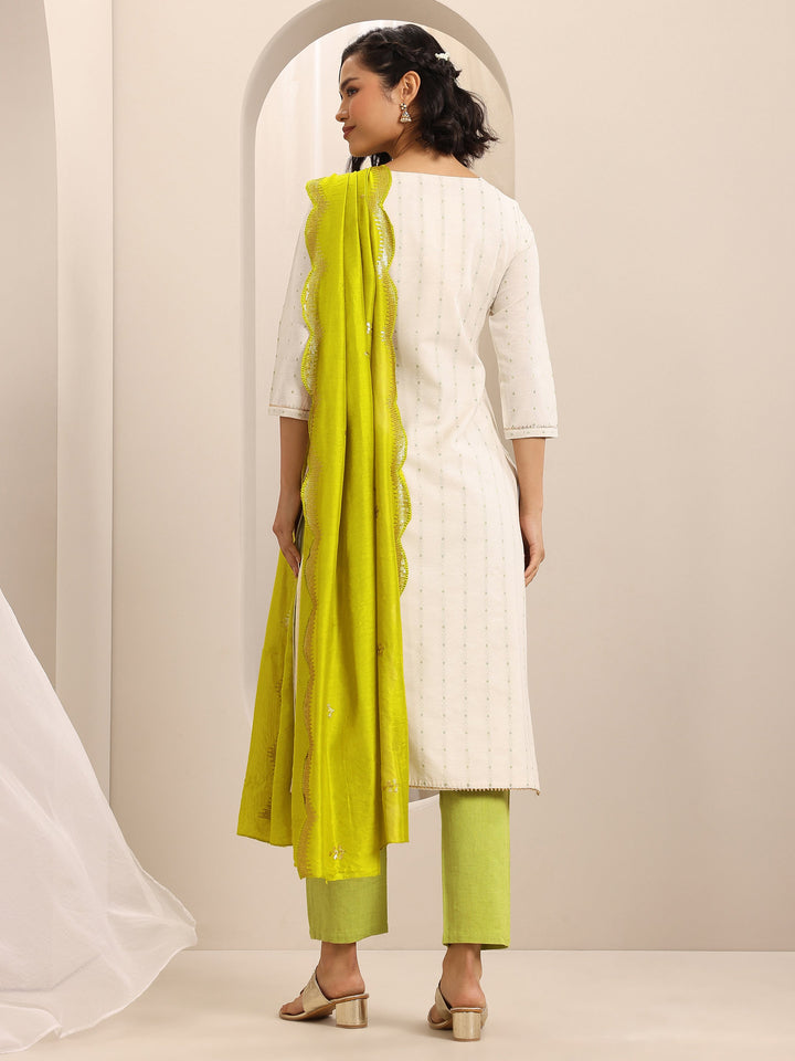 White Woven Cotton Blend Straight Suit Set With Dupatta