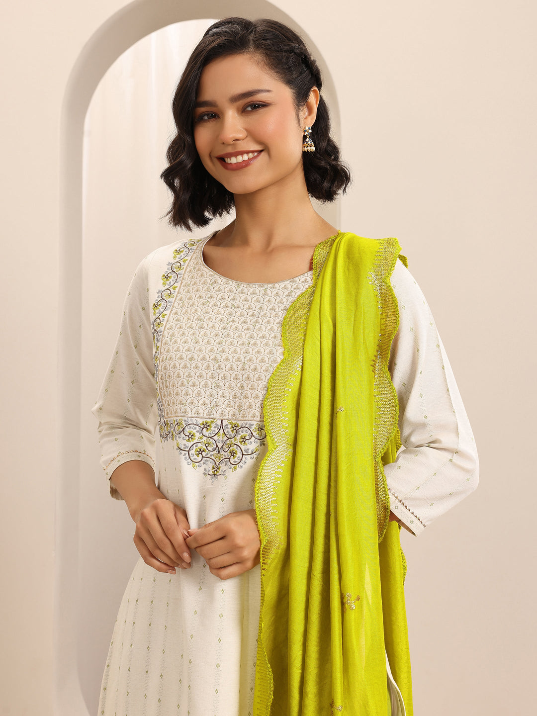 White Woven Cotton Blend Straight Suit Set With Dupatta