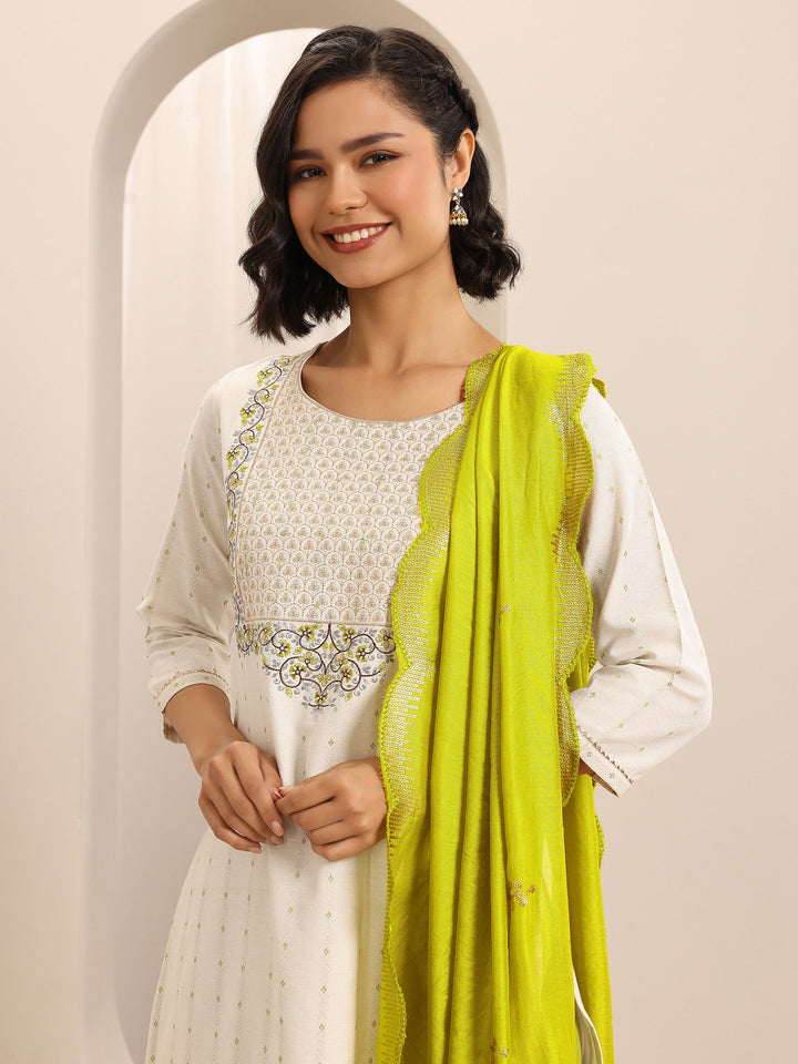White Woven Cotton Blend Straight Suit Set With Dupatta