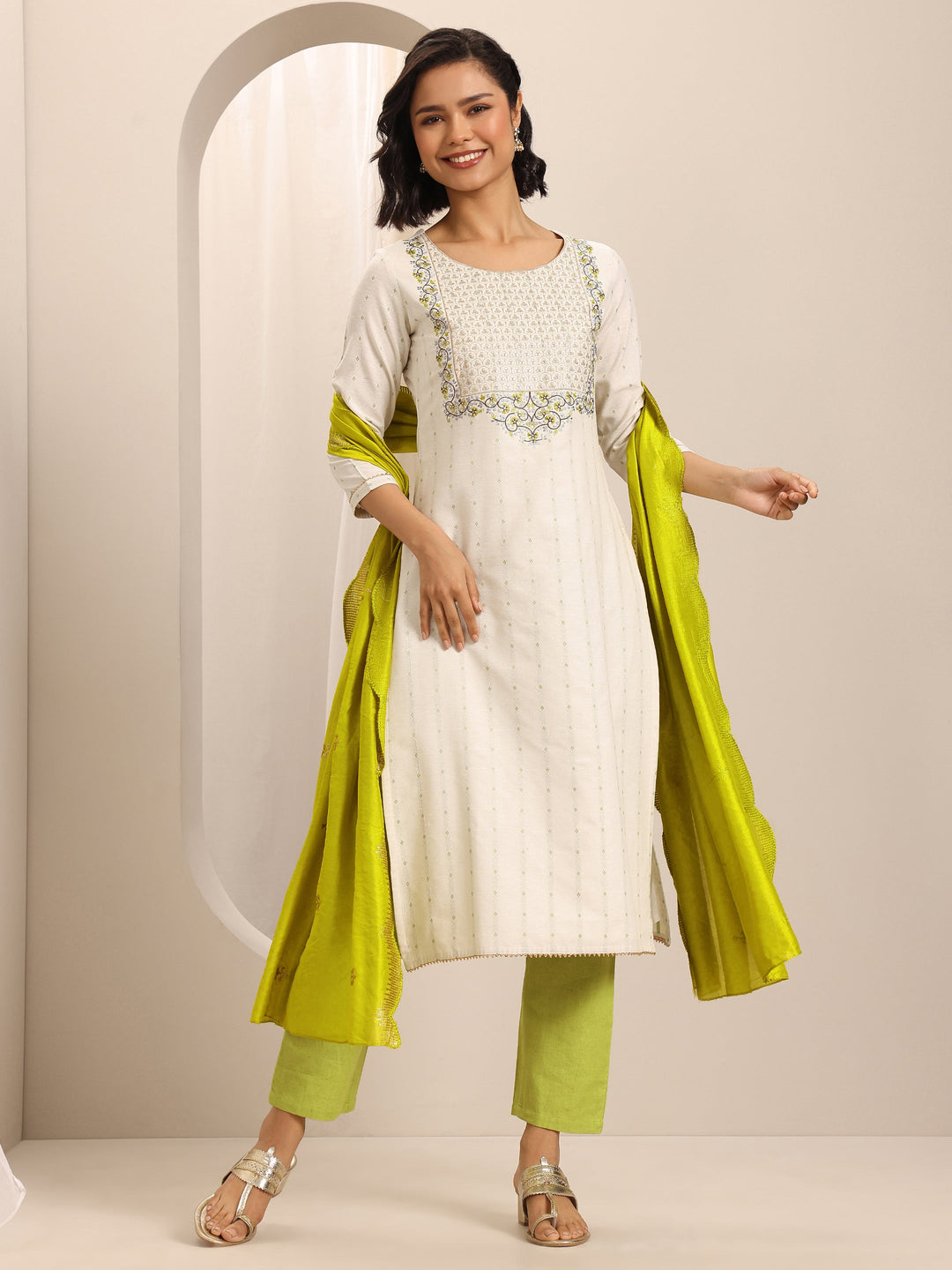 White Woven Cotton Blend Straight Suit Set With Dupatta