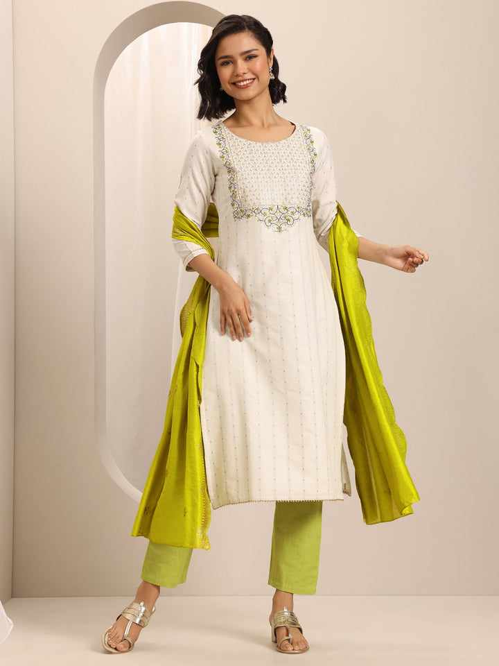 White Woven Cotton Blend Straight Suit Set With Dupatta