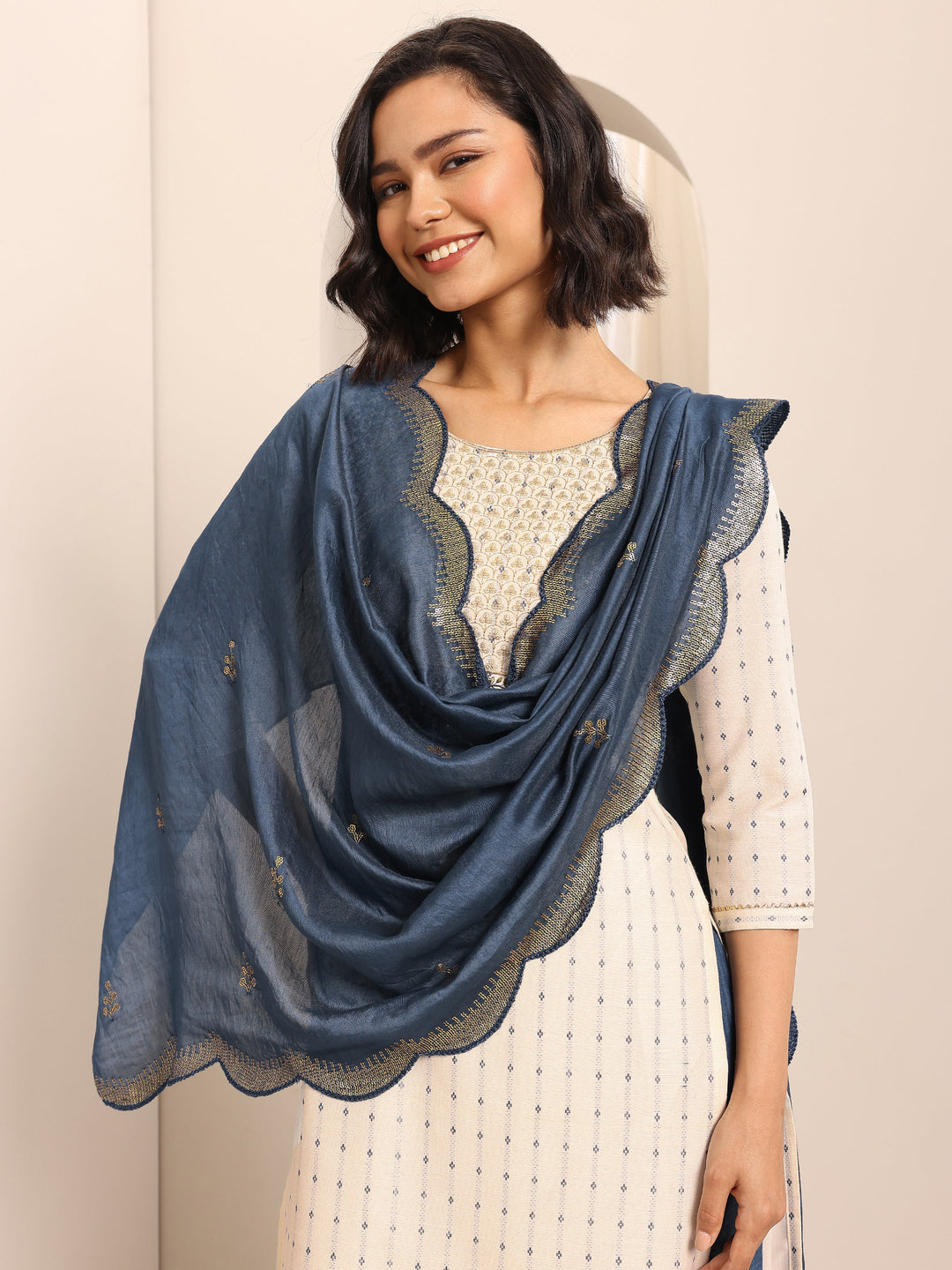 White Woven Cotton Blend Straight Suit Set With Dupatta