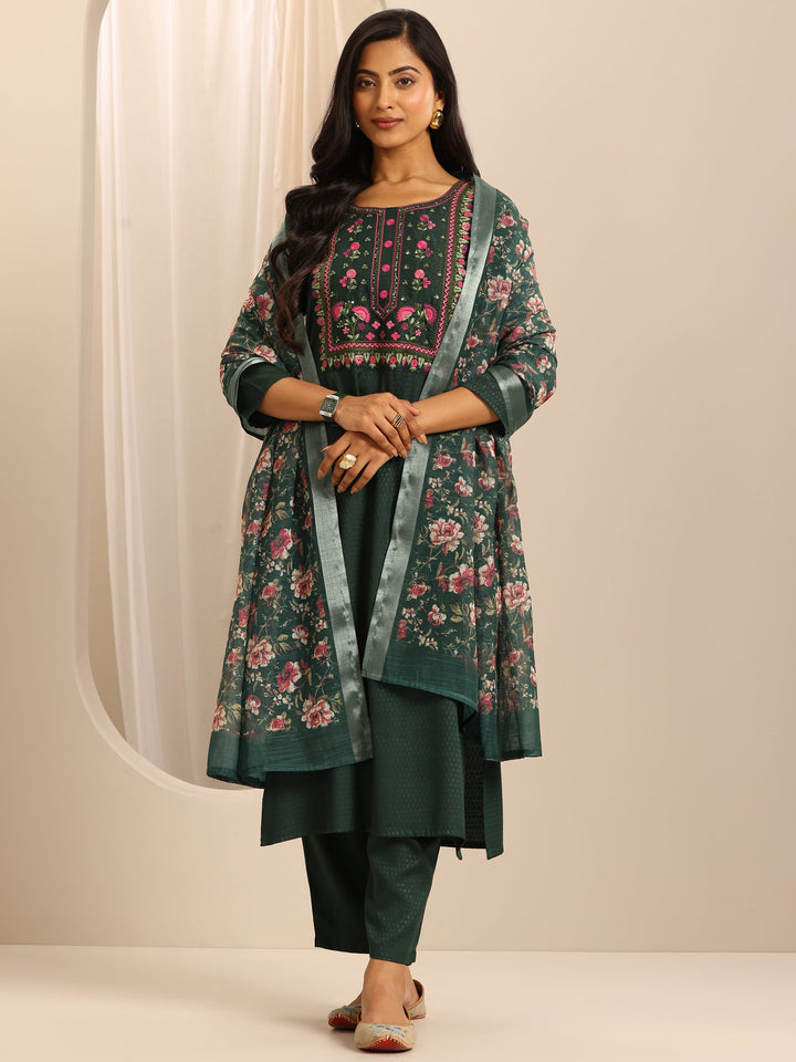 Green Woven Cotton Blend Straight Suit Set With Dupatta