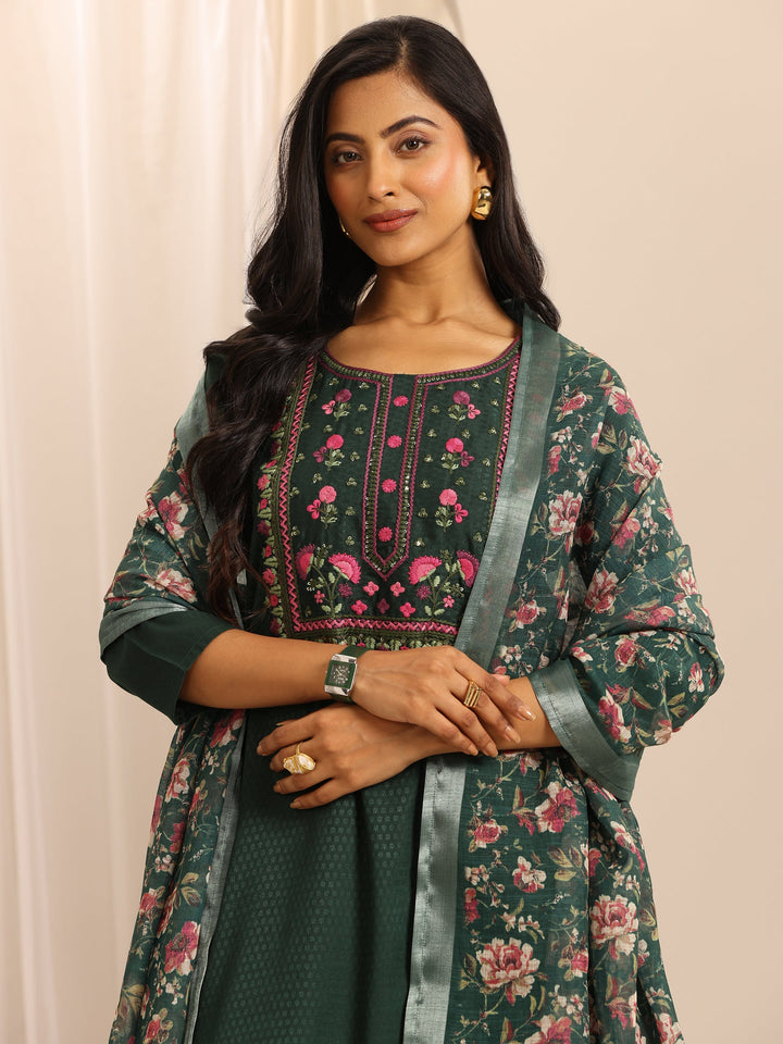 Green Woven Cotton Blend Straight Suit Set With Dupatta