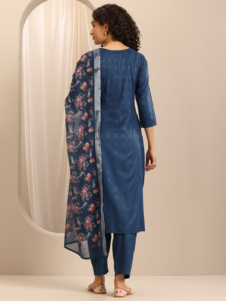 Dark Blue Woven Cotton Blend Straight Suit Set With Dupatta