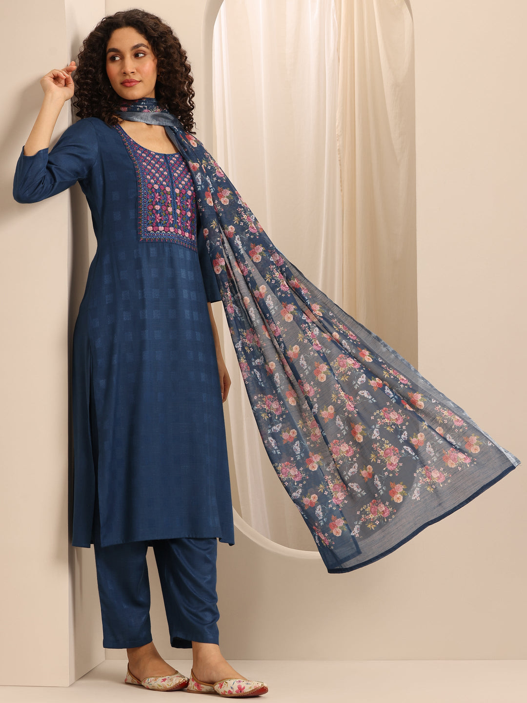 Dark Blue Woven Cotton Blend Straight Suit Set With Dupatta