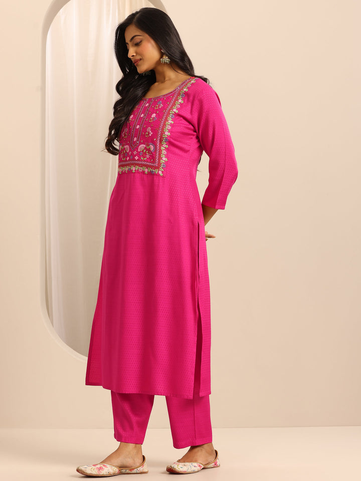 Pink Woven Cotton Blend Straight Suit Set With Dupatta