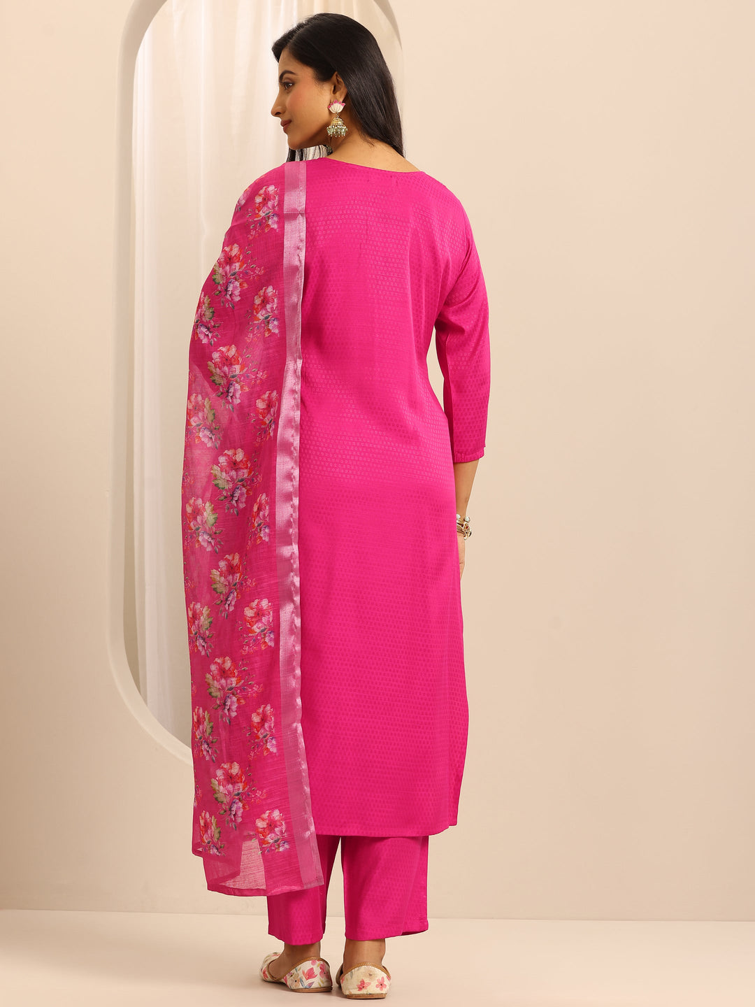 Pink Woven Cotton Blend Straight Suit Set With Dupatta