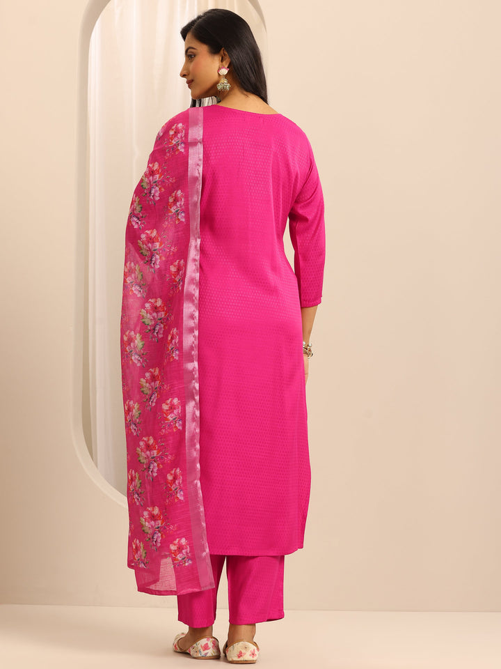 Pink Woven Cotton Blend Straight Suit Set With Dupatta