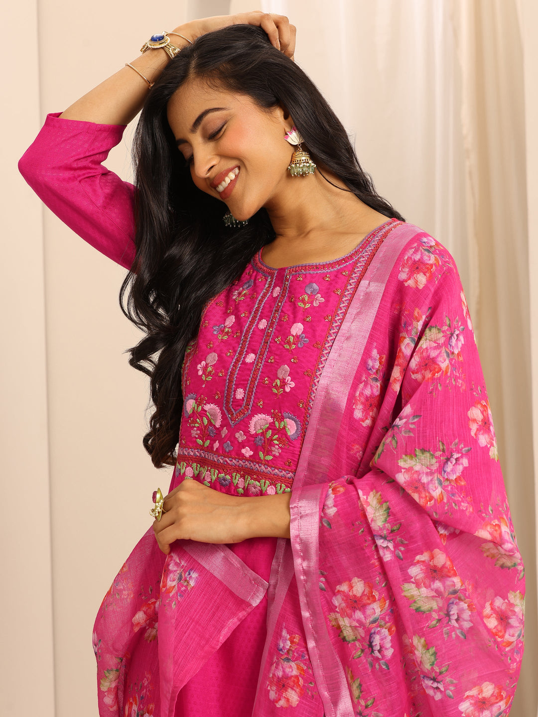 Pink Woven Cotton Blend Straight Suit Set With Dupatta
