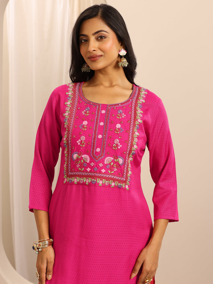 Pink Woven Cotton Blend Straight Suit Set With Dupatta