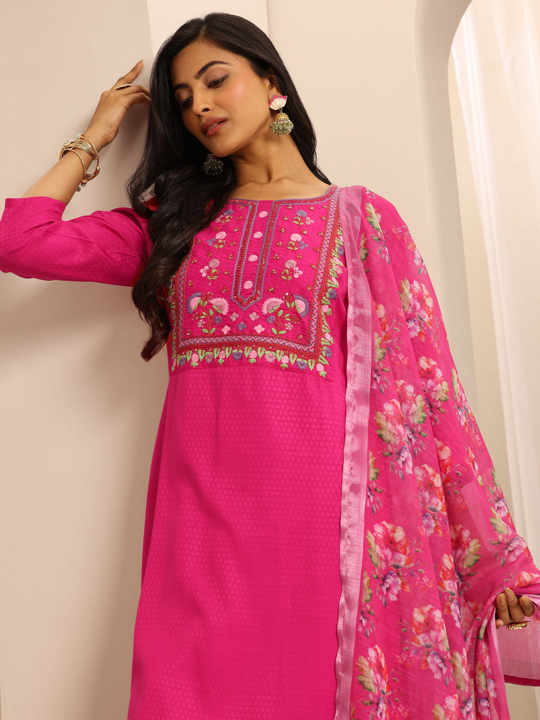 Pink Woven Cotton Blend Straight Suit Set With Dupatta