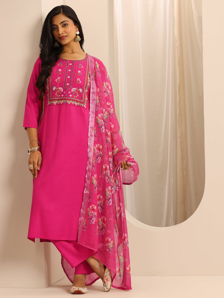 Pink Woven Cotton Blend Straight Suit Set With Dupatta