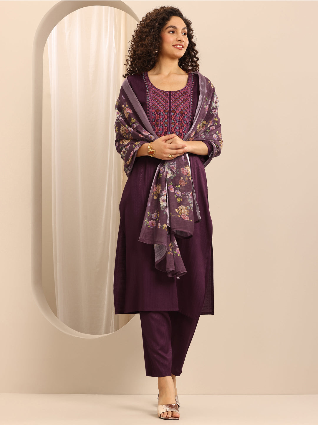 Red Woven Cotton Blend Straight Suit Set With Dupatta