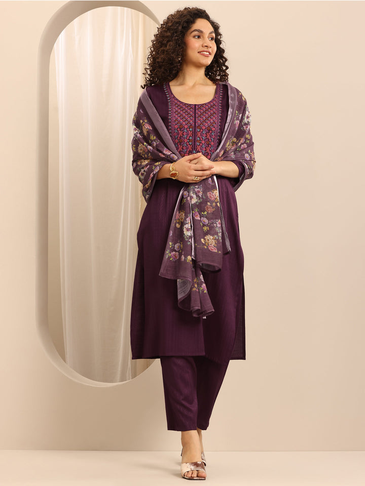 Red Woven Cotton Blend Straight Suit Set With Dupatta