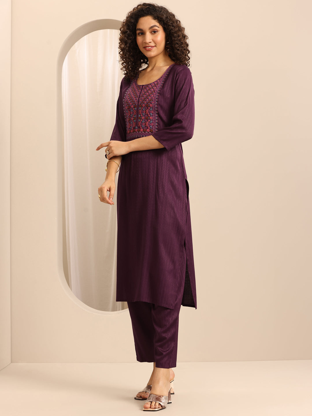 Red Woven Cotton Blend Straight Suit Set With Dupatta