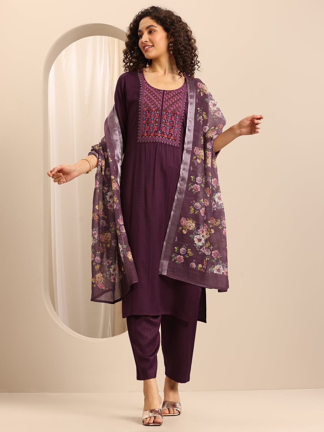 Red Woven Cotton Blend Straight Suit Set With Dupatta