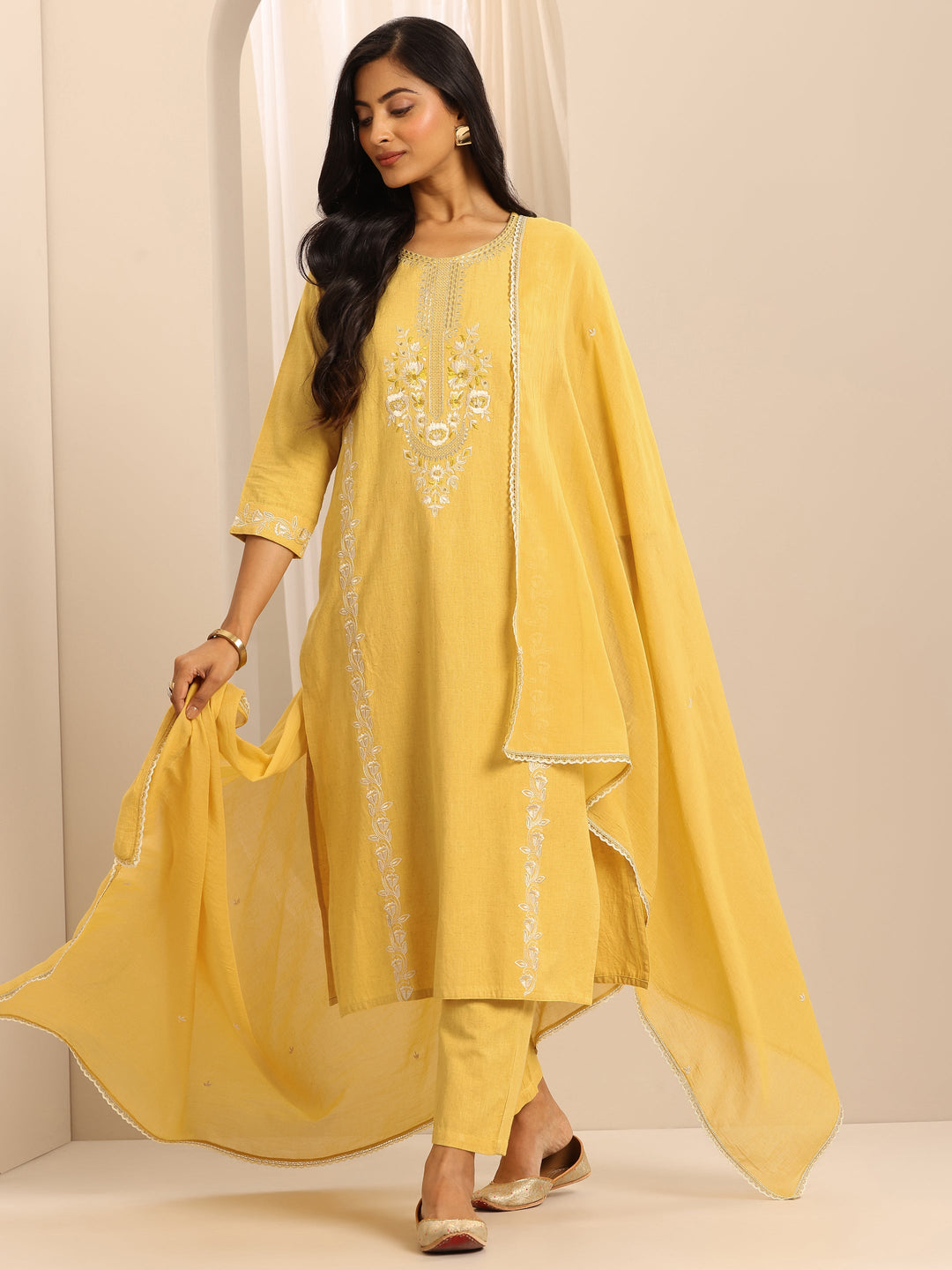 Yellow Embroidered Cotton Blend Straight Suit Set With Dupatta
