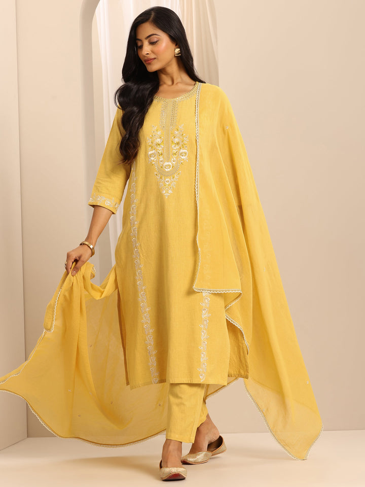 Yellow Embroidered Cotton Blend Straight Suit Set With Dupatta