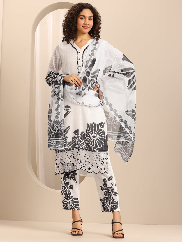 White Printed Cotton Blend Straight Suit Set With Dupatta