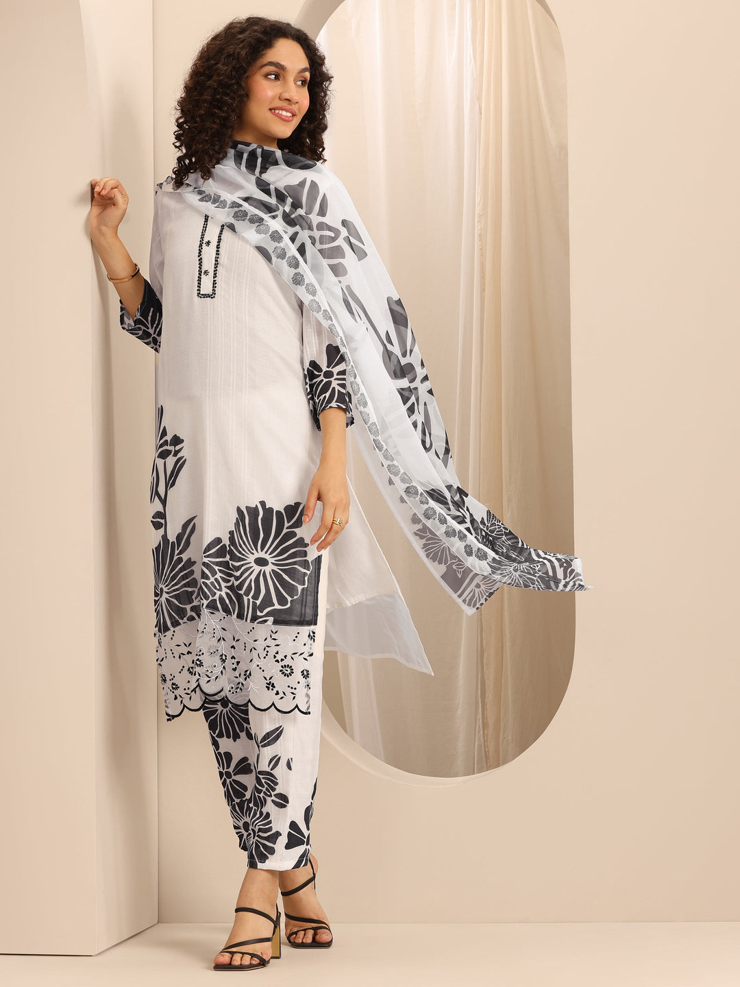 White Printed Cotton Blend Straight Suit Set With Dupatta