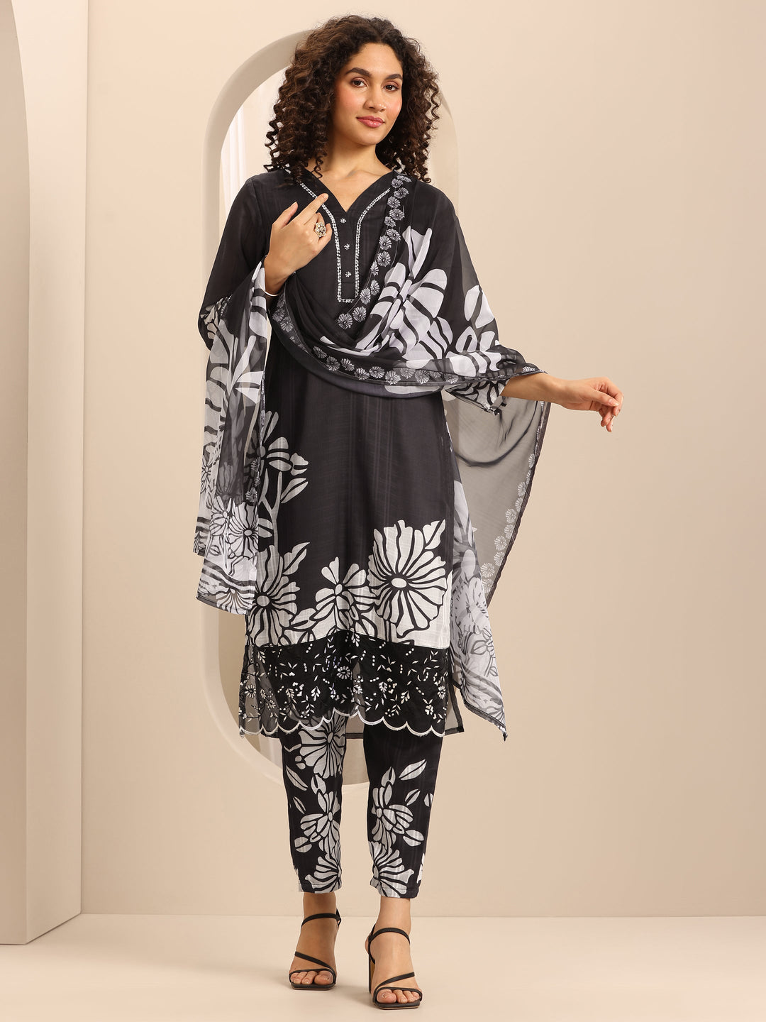 Black Printed Cotton Blend Straight Suit Set With Dupatta