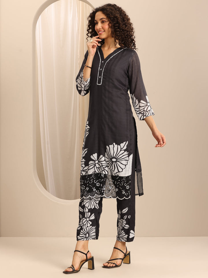 Black Printed Cotton Blend Straight Suit Set With Dupatta
