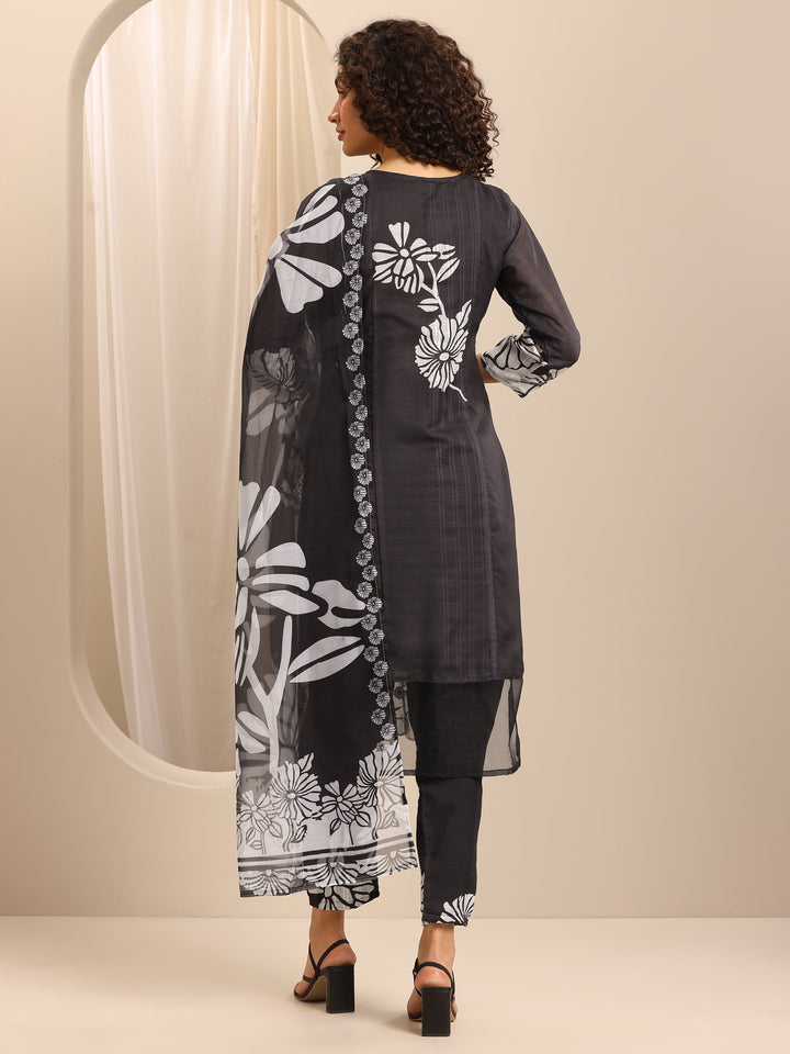 Black Printed Cotton Blend Straight Suit Set With Dupatta
