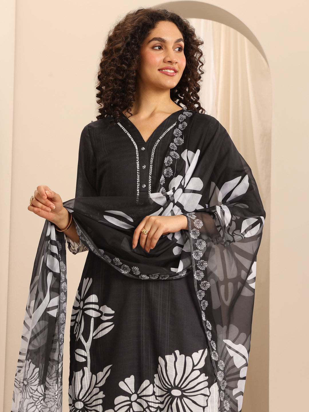 Black Printed Cotton Blend Straight Suit Set With Dupatta