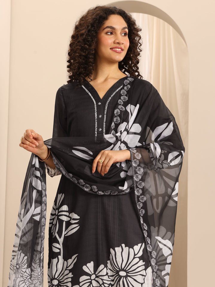 Black Printed Cotton Blend Straight Suit Set With Dupatta