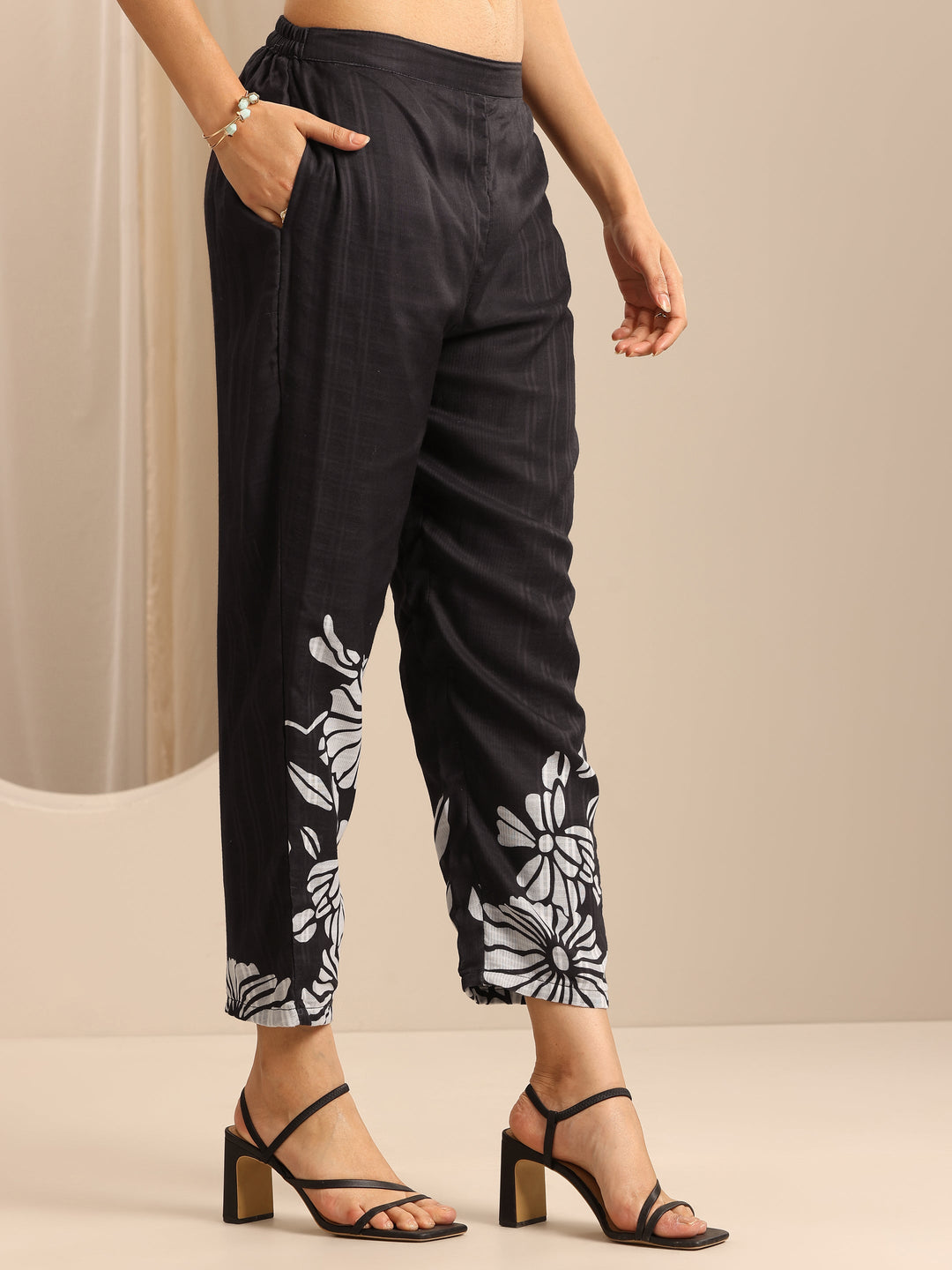 Black Printed Cotton Blend Straight Suit Set With Dupatta