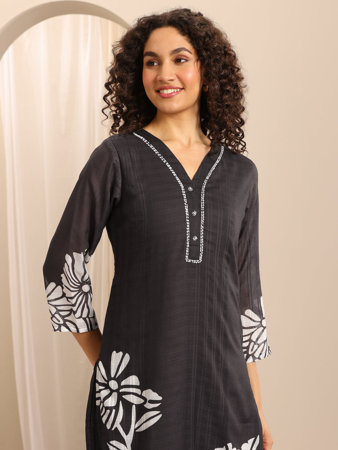 Black Printed Cotton Blend Straight Suit Set With Dupatta