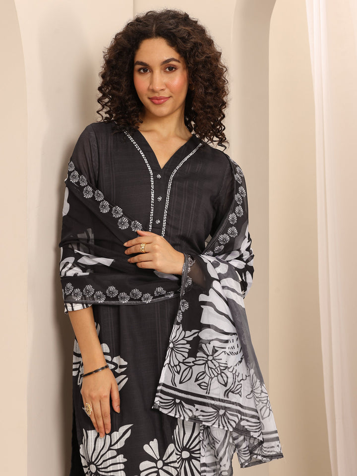 Black Printed Cotton Blend Straight Suit Set With Dupatta
