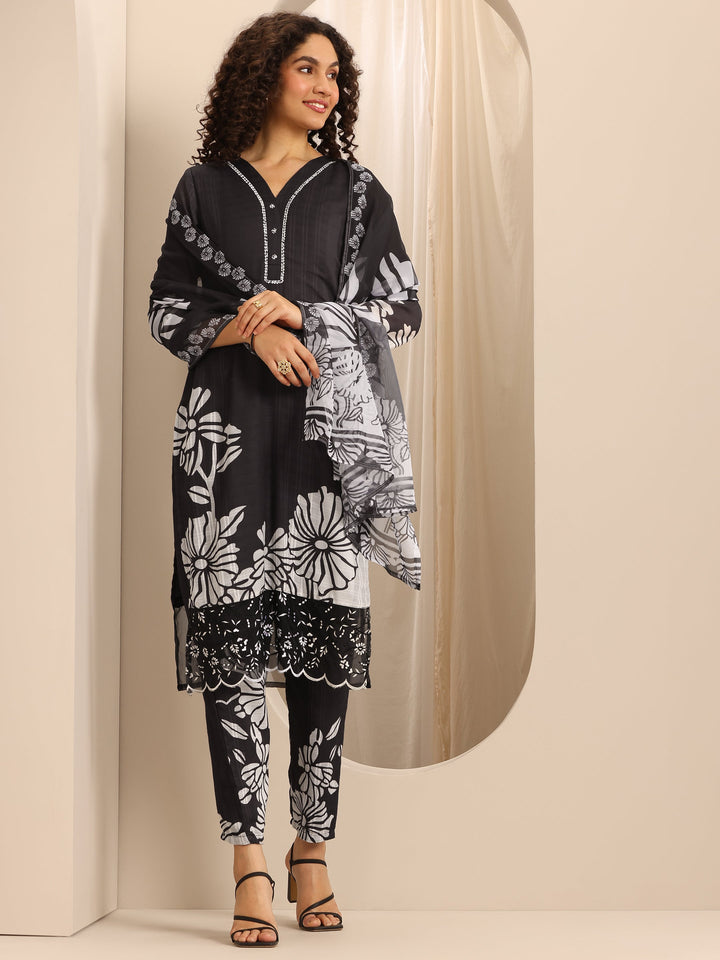 Black Printed Cotton Blend Straight Suit Set With Dupatta